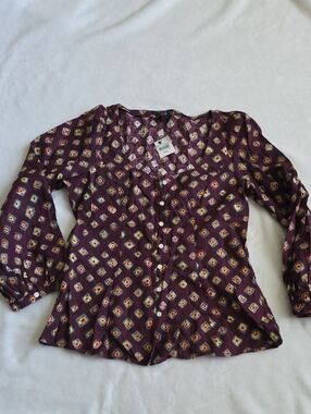 Polo by Ralph Lauren Burgundy Geometric Print Button-Front Blouse